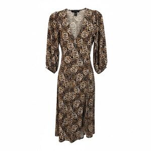 Laundry by Shelli‎ Segal Brown Geometric Print Tie Waist Midi Dress Size Medium
